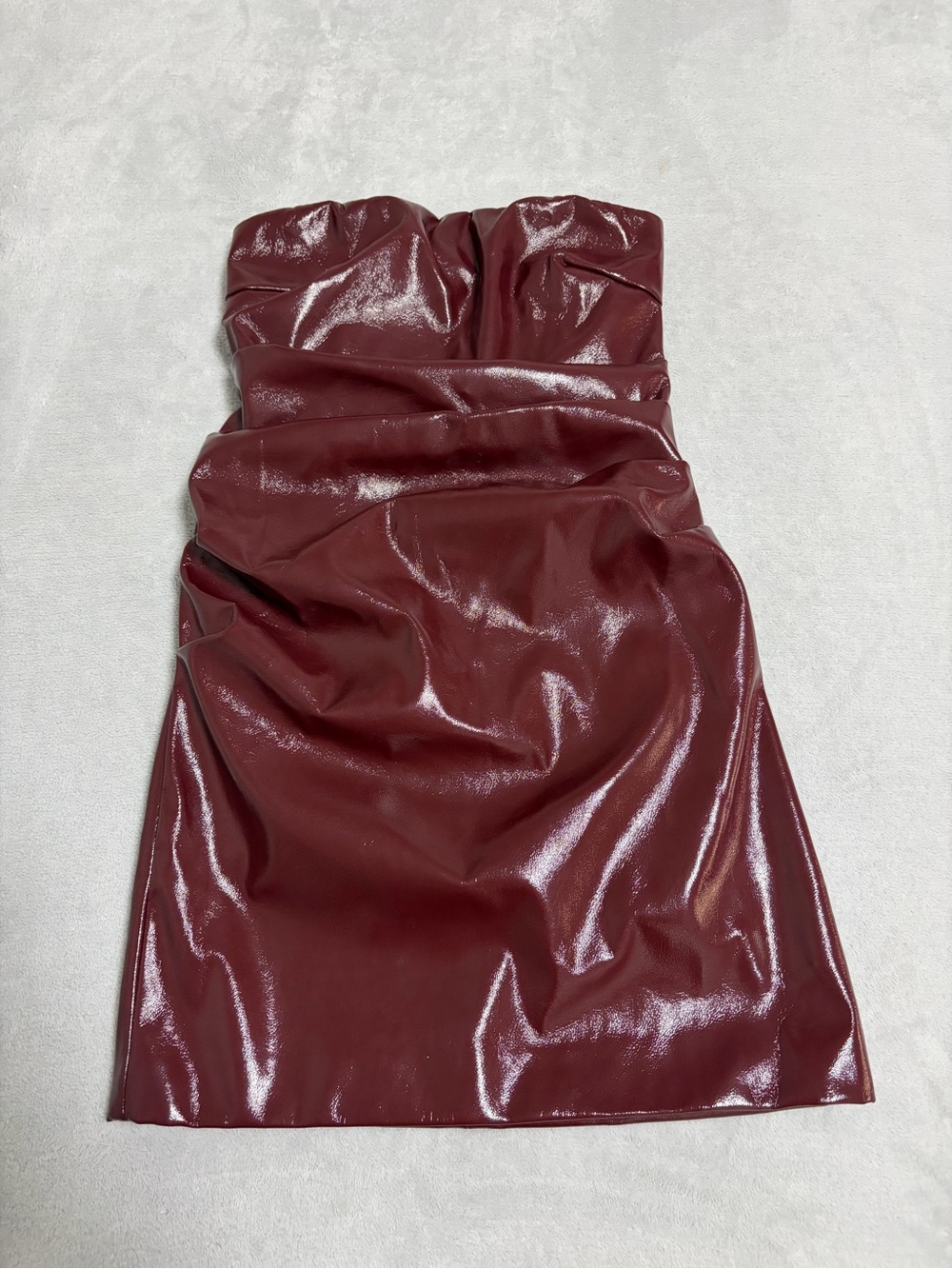 White Fox Boutique Strapless Faux Leather Mini Dress in Wine